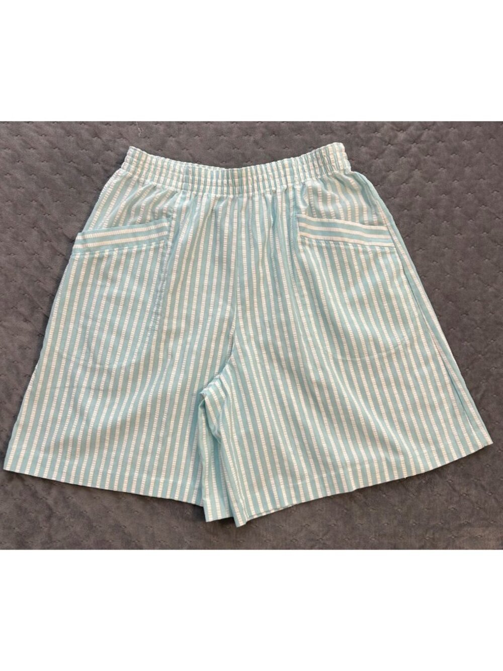 Vintage Women's Aqua & White Striped Elastic Waist Shorts Sz 16 Seersucker Beach